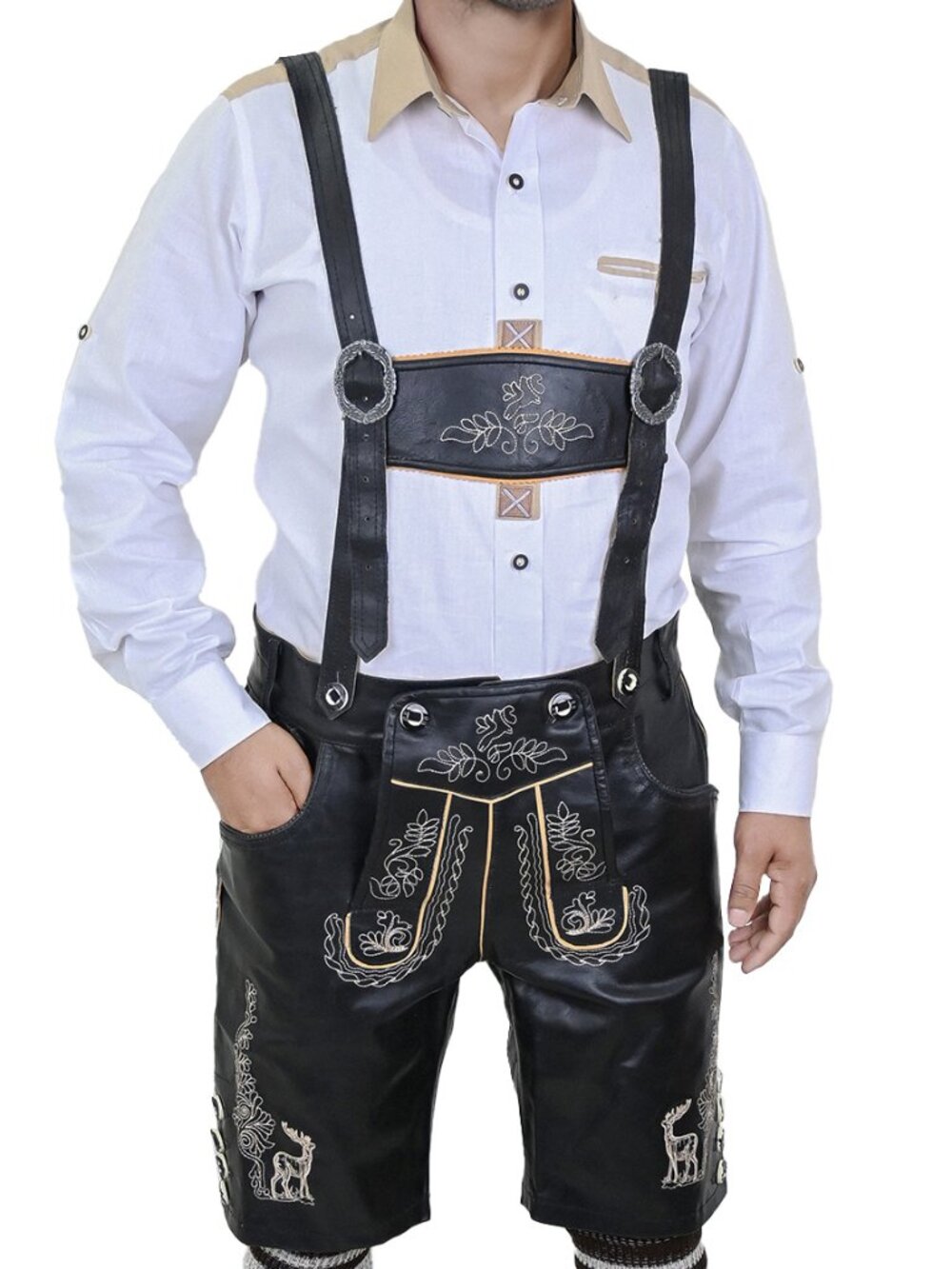 Men’s Oktoberfest Costume Black Leather Lederhosen Albert Bavarian Outfit
